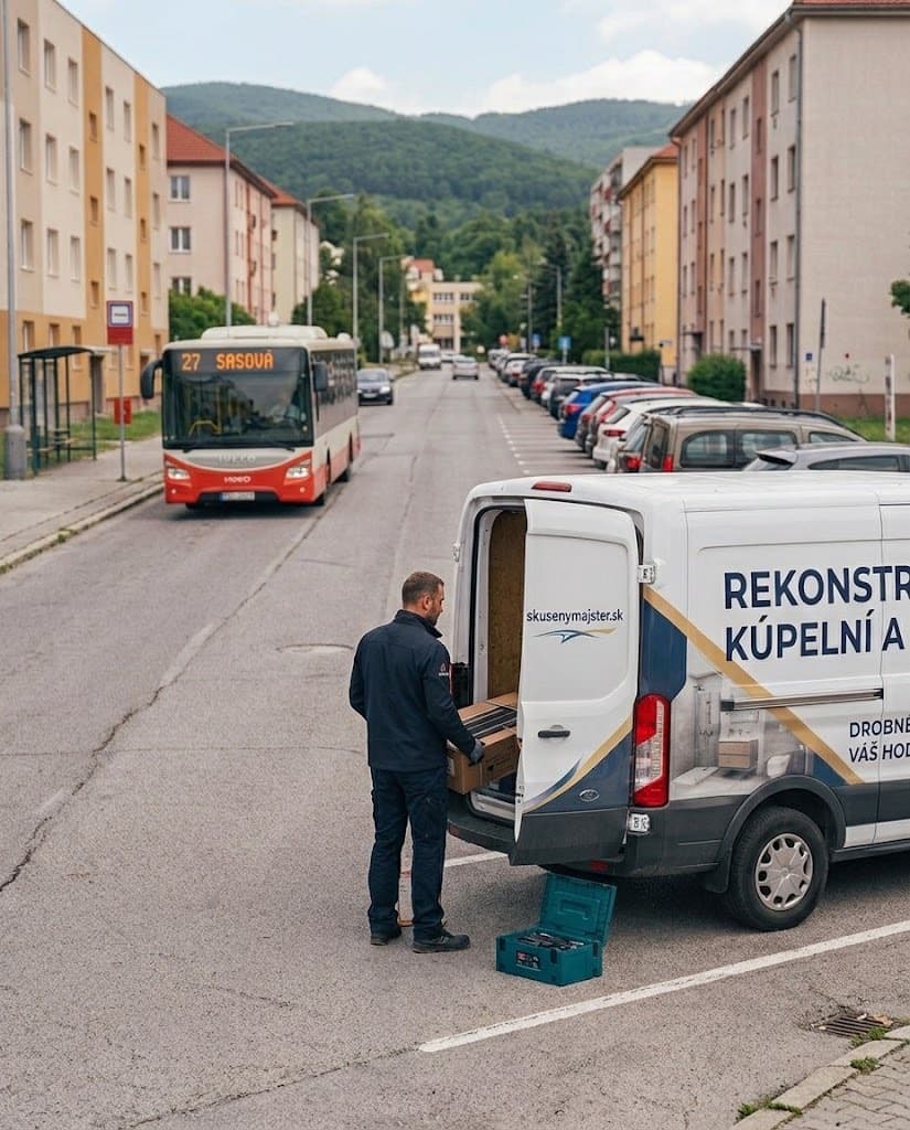 Majster Michal Hlôška vykladá náradie z dodávky SkusenyMajster.sk v Banskej Bystrici